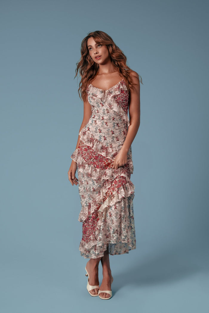 Alana maxi dress with tiered ruffles and pattern detail print in cream, burgundy, and blue tones