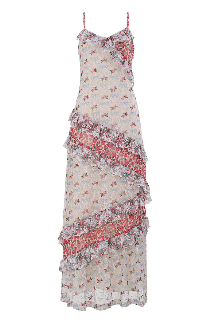 Alana maxi dress with adjustable straps, tiered ruffles, and alternating pattern detail print panels in blush pink and coral tones