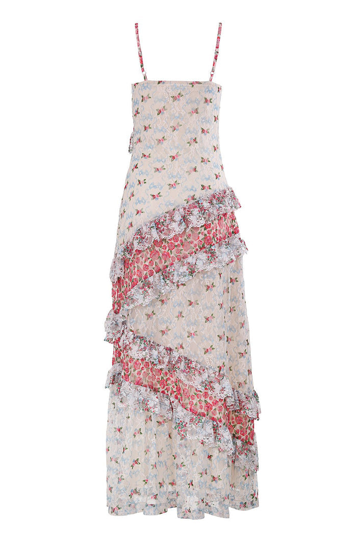 Alana maxi dress in blush pink with scattered pattern detail print and tiered ruffles in alternating pink pattern detail patterns