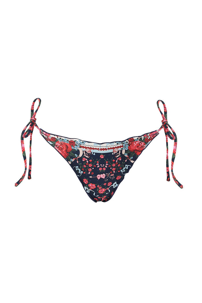Alegria bikini bottom in navy with red roses and small pattern detail print, featuring tie-side detail and decorative waistband trim