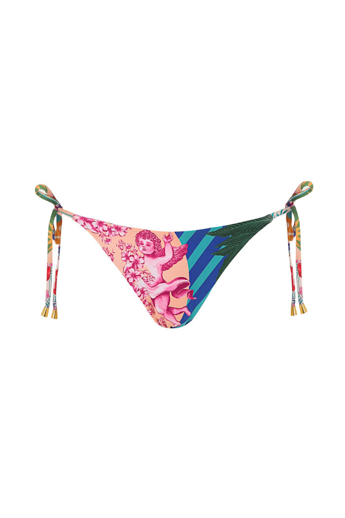 Reversible bikini bottom with side ties, featuring pink figurative print with florals on one side and blue, green striped pattern on the reverse