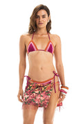 Alessandra Skirt in mesh with pink floral sequin embroidery, side ties, and beaded fringe hem