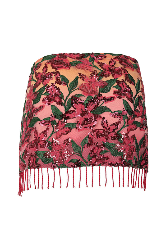 Pink mesh wrap skirt with sequined floral embroidery in pink and burgundy tones with green leaves and beaded fringe hem