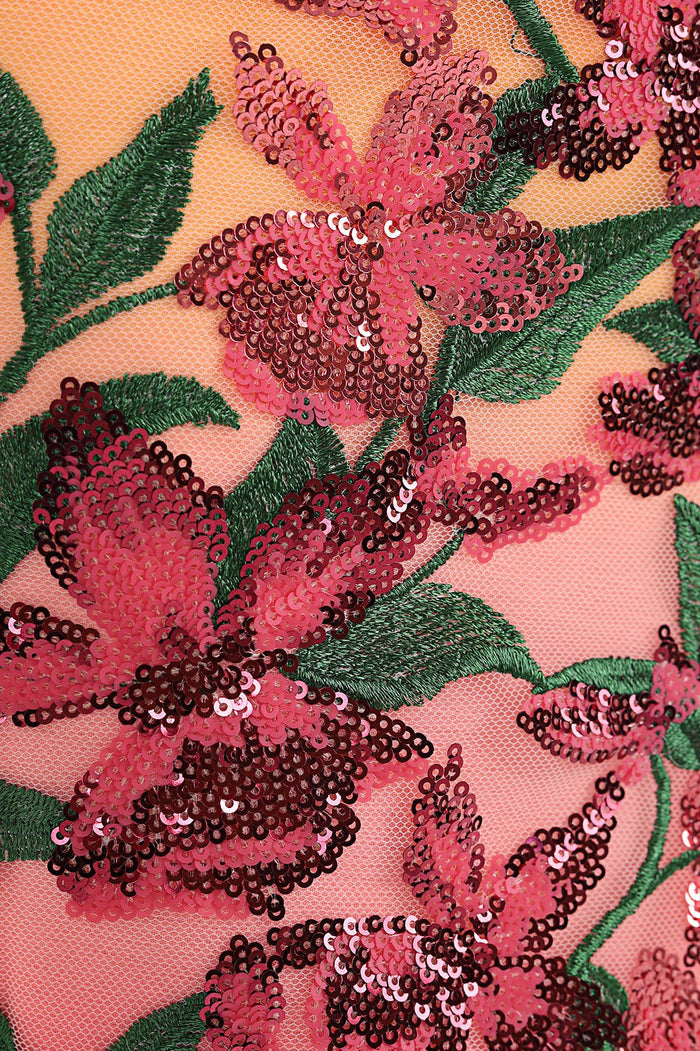 Alessandra skirt in coral mesh with pink sequined floral embroidery and green embroidered leaves