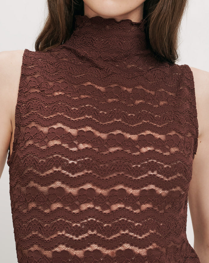 Veronica Beard Brown lace sleeveless turtleneck top.