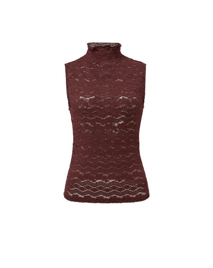 Veronica Beard Burgundy lace sleeveless high-neck top.