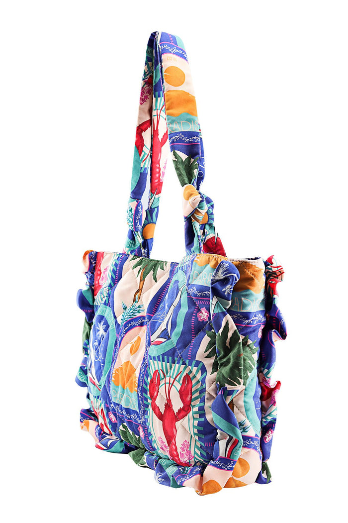 Ambroise quilted tote bag with ruffle trim, knotted straps, and vibrant all-over print featuring blue vertical stripes, coral, orange suns, and green…