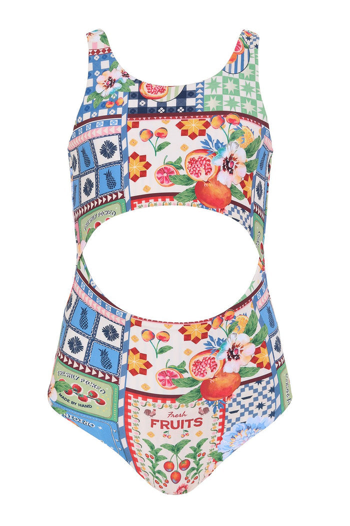 One-piece cutout swimsuit with multicolor geometric and fruit print featuring pineapples, pomegranates, florals, and checkered tile patterns