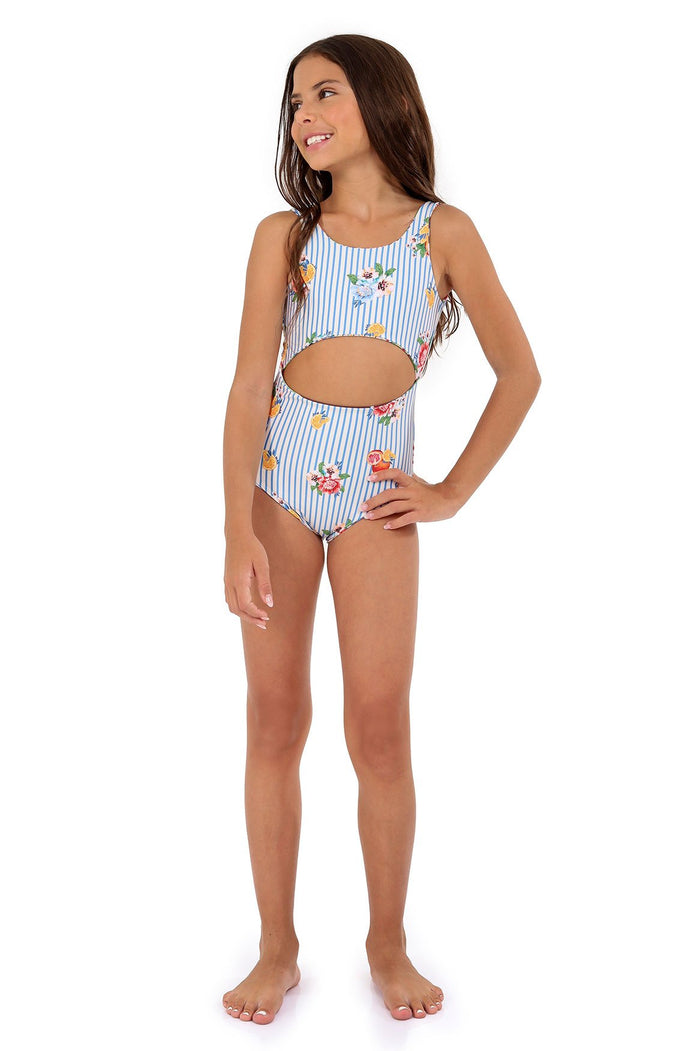 One-piece swimsuit with cutout waist detail in blue and white vertical stripes with scattered pattern detail and fruit embroidery