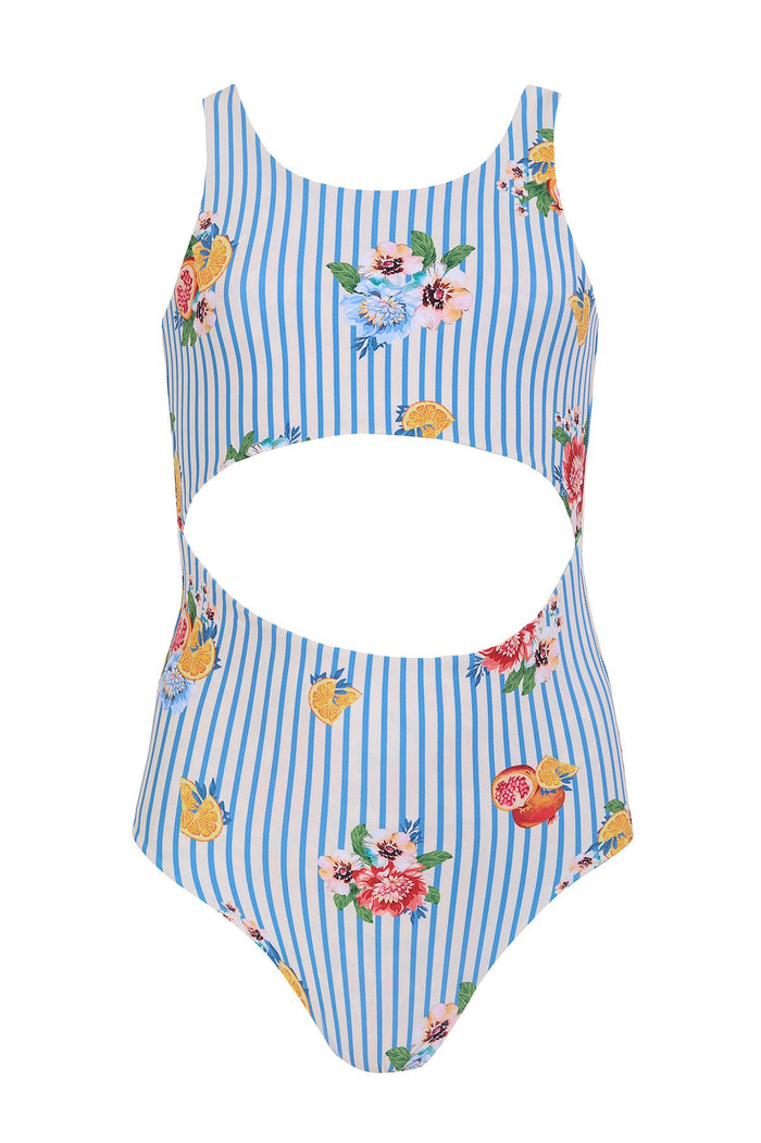 Blue and white striped one-piece swimsuit with front cutout and embroidered citrus fruit and pattern detail appliqués