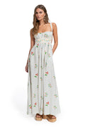 White maxi dress with blue vertical stripes and scattered pattern detail embroidery featuring coral and pink blooms with green stems