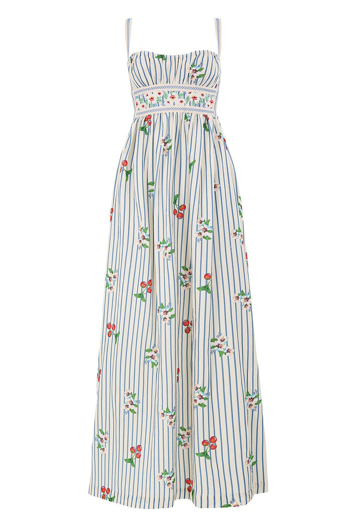 Ameli maxi dress in white with blue vertical stripes, embroidered waistband, and scattered pattern detail and cherry embroidery throughout