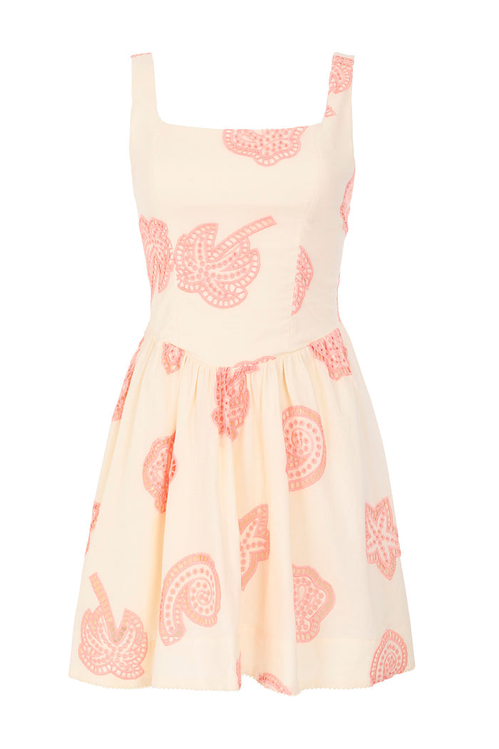 Amonita mini dress in cream with coral pink embroidered leaf and paisley print, structured bodice and pleated skirt