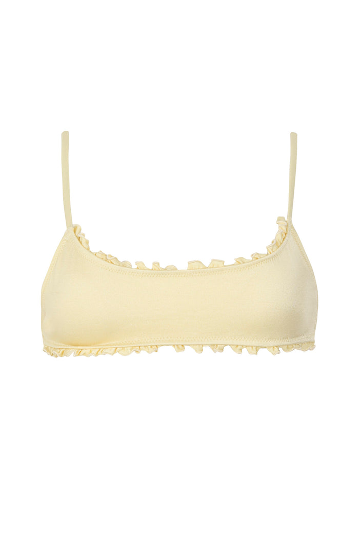 Pale yellow bikini top with thin adjustable straps and ruched ruffle trim along neckline and edges