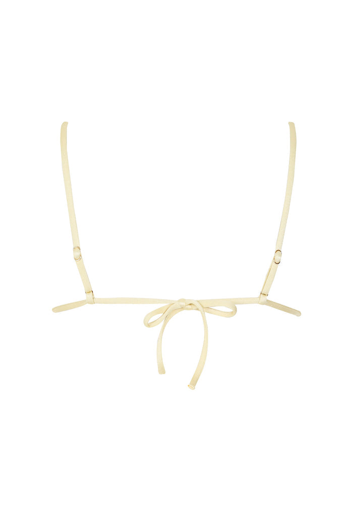 Anneta bikini top in soft yellow with ruched texture, adjustable straps, and center tie closure
