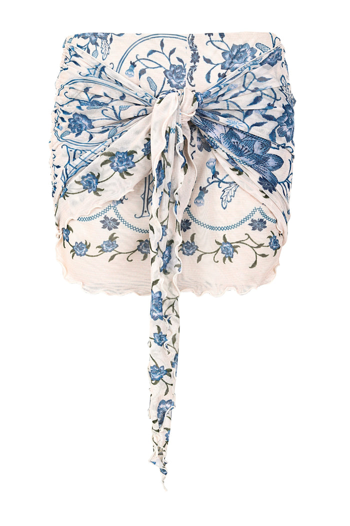 Aranxa Pareo in cream mesh with blue pattern detail embroidery, front knot detail, and tie ends