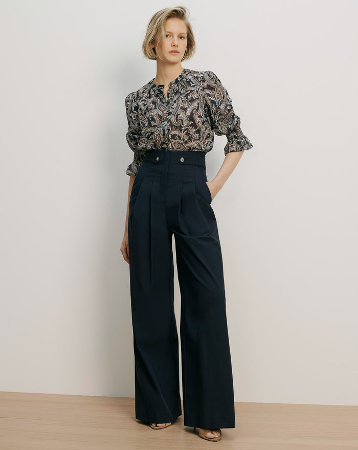Veronica Beard Paisley print chiffon blouse with ruffled cuffs.