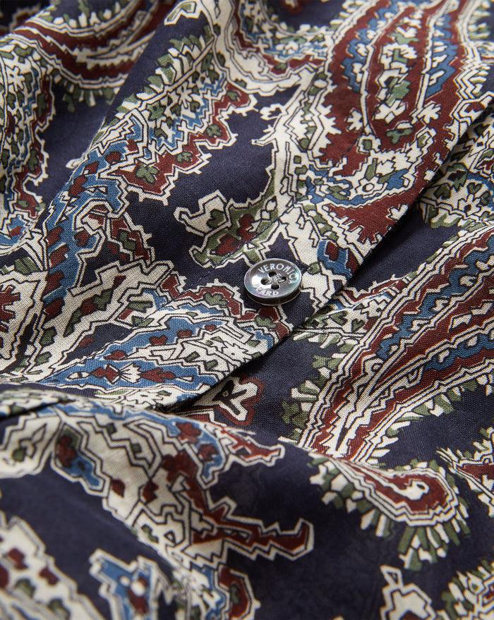 Veronica Beard Navy paisley button-up top.