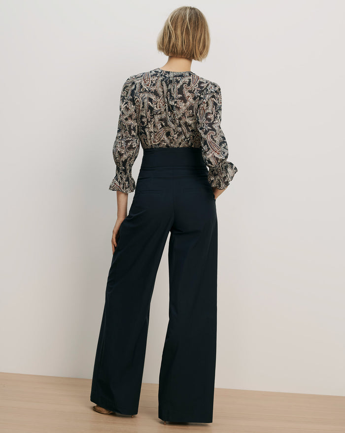 Veronica Beard Paisley print blouse with ruffled cuffs.