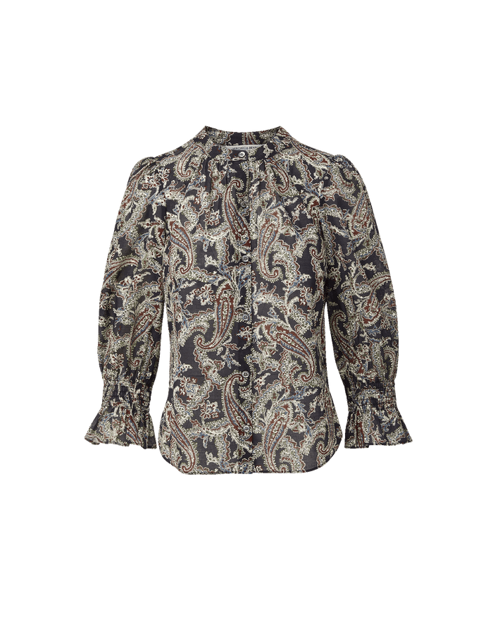 Veronica Beard Black paisley print blouse with ruffled cuffs