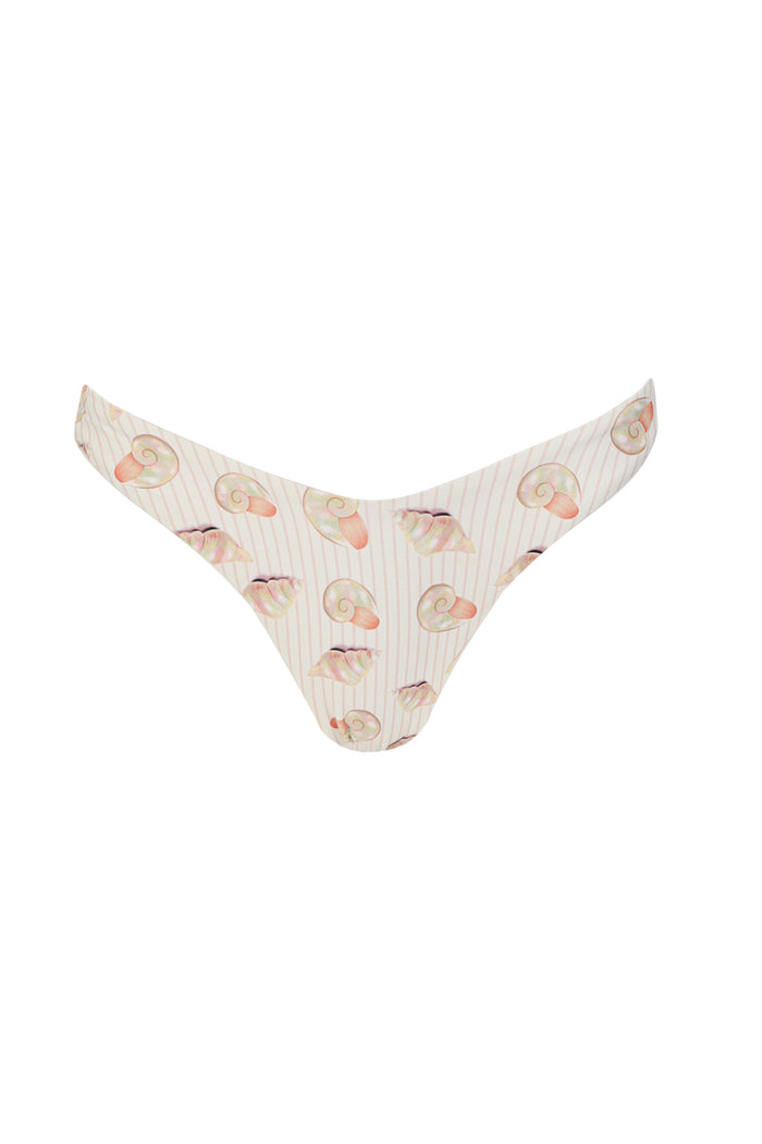 Avy bikini bottom in white with ribbed texture and coral shell print