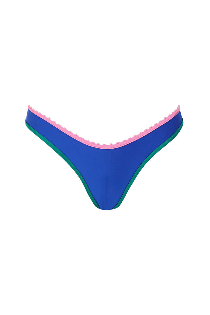 Blue bikini bottom with pink ruffled trim and green contrast piping