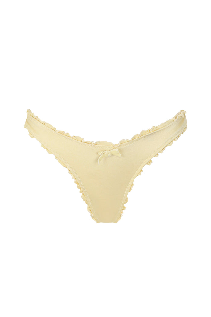 Avy bikini bottom in yellow with ruched sides, bow detail at front, and scalloped edges