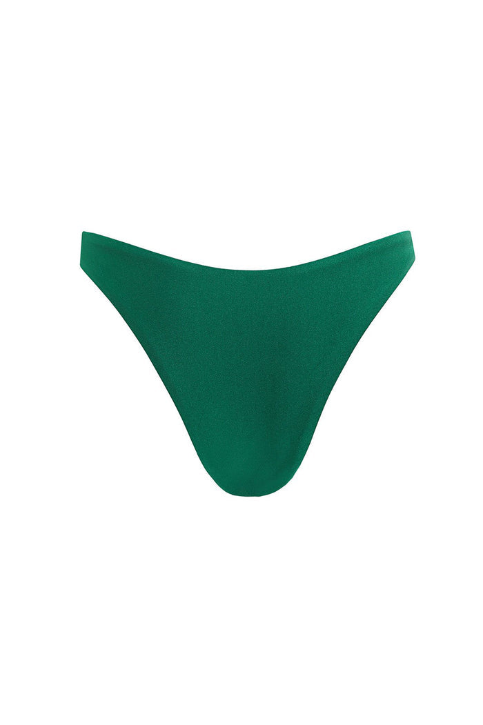Avy bikini bottom in solid emerald green with high-rise waistband and Brazilian coverage