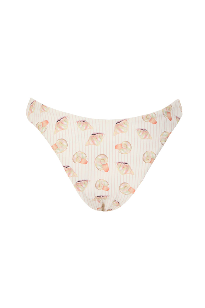 Avy bikini bottom in cream with vertical stripes and seashell print, ruffled waistband, Brazilian coverage