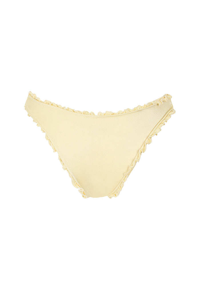 Pale yellow high-rise bikini bottom with ruched trim and front bow detail