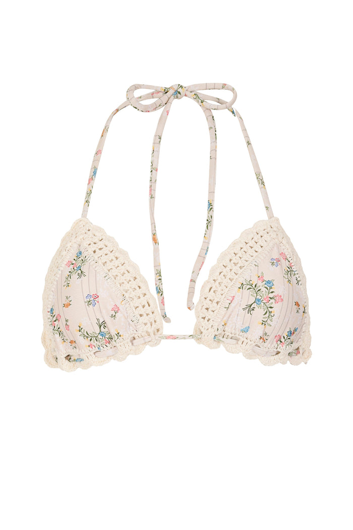 Bea triangle bikini top in cream with handmade crochet trim and multicolor pattern detail embroidery on halter straps and cups