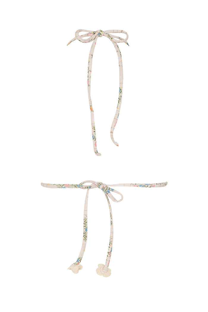 Bea triangle bikini top in blush with scattered pattern detail print and handmade crochet trim on ties