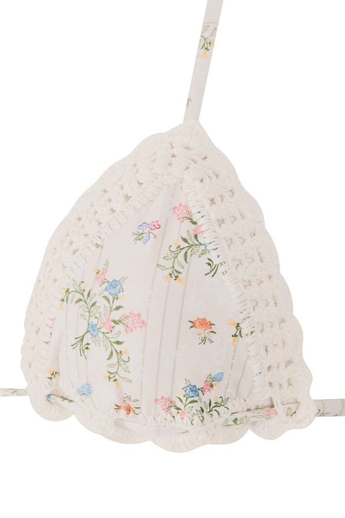 Bea triangle bikini top in white with handmade crochet trim and multicolor pattern detail embroidered placement print