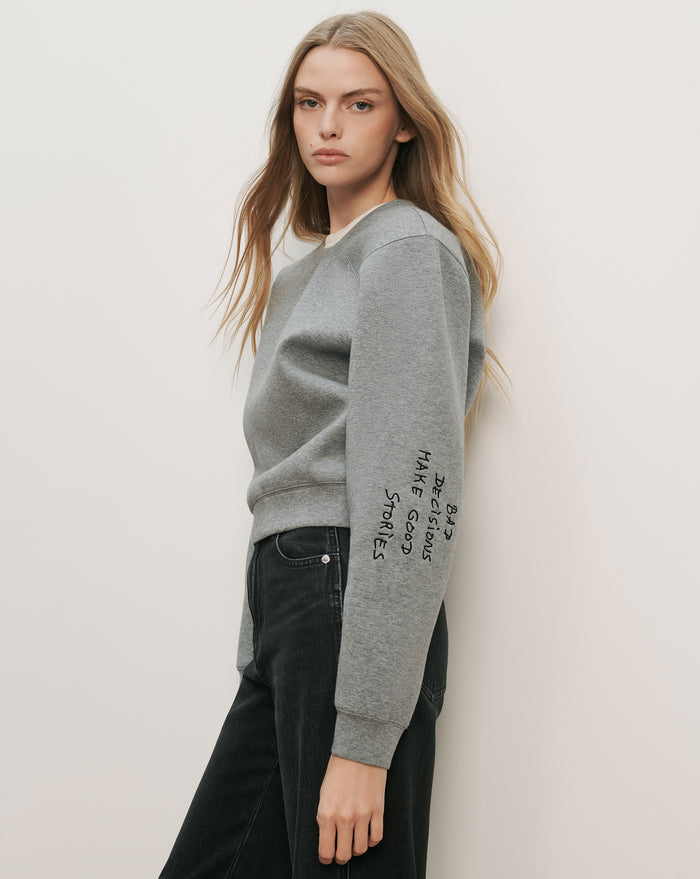 Veronica Beard Gray cotton sweatshirt with black embroidered text on the left sleeve.