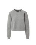 Veronica Beard Gray crewneck sweatshirt and black wide-leg jeans with white stitching.