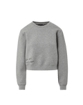 Veronica Beard Gray crewneck sweatshirt with raglan sleeves and dark wash wide-leg jeans with a raw hem.