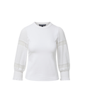 Veronica Beard White long-sleeve top with lace inserts and shirred cuffs.