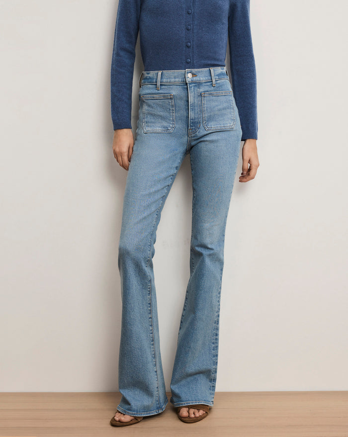 Veronica Beard Beverly Patch-Pocket Skinny-Flare Jean - Silverwood Blue