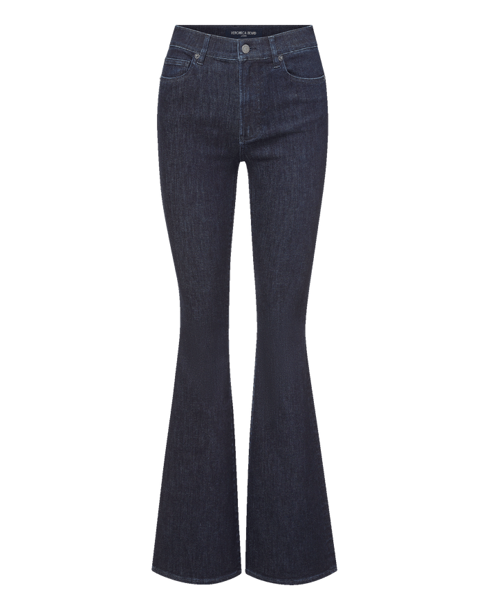 Veronica Beard Dark wash denim flare jeans with a high waist.