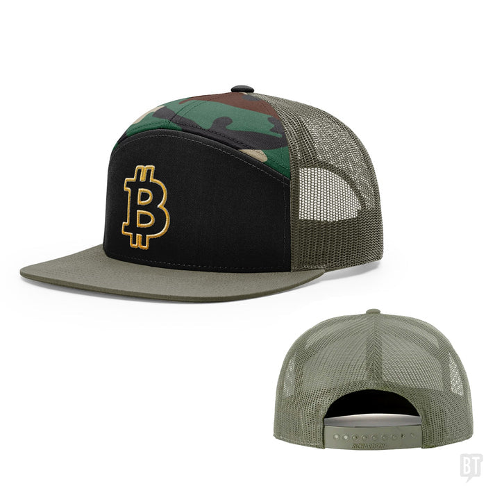 Seven-Panel Trucker Flatbill / Black and Camo and Loden / One Size