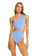 Bloom one piece swimsuit in periwinkle blue with one-shoulder neckline, tie detail, and front cut-out with ring hardware