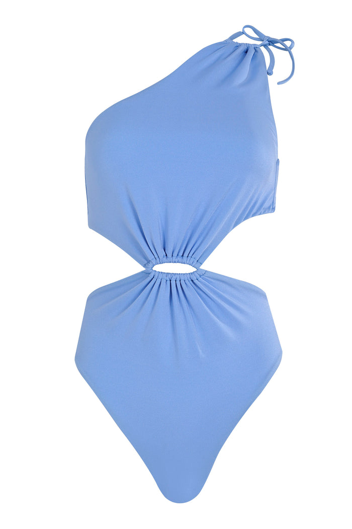 Blue one-piece swimsuit with one-shoulder neckline, adjustable tie detail, and side cut-out at waist
