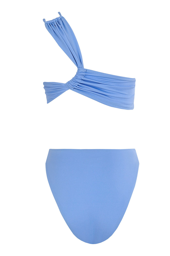Periwinkle blue one piece swimsuit with ruched asymmetrical wrap top and high-waisted bottom
