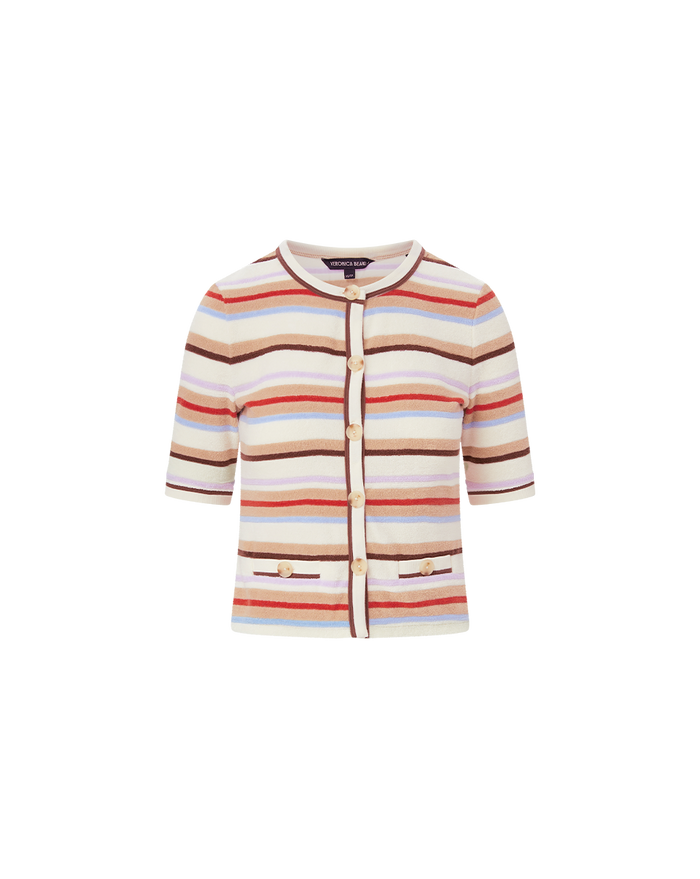 Veronica Beard Brendan Striped Short-Sleeve Cardigan Stone Khaki Multi