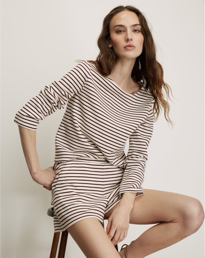 Veronica Beard White and burgundy striped knit shorts.