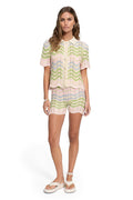 Brooks Shirt in multicolor wave pattern knit with cream collar, button-up front, and scalloped hem, paired with matching shorts