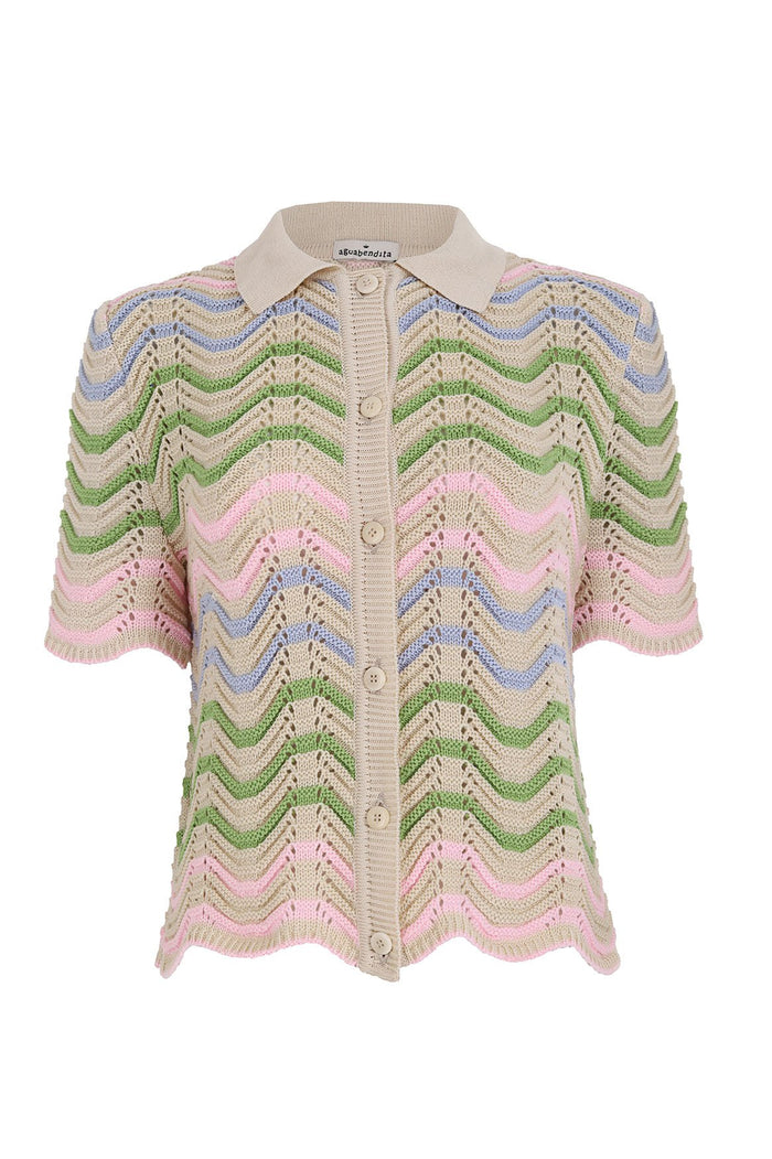 Brooks Shirt in beige knit with pastel chevron pattern, button-up front, collared neckline, and scalloped hem