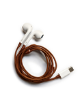 Veronica Beard White earbuds with a coiled brown braided cord and USB-C connector.