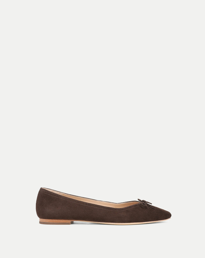 Veronica Beard Brown suede pointed-toe flat with bow detail.
