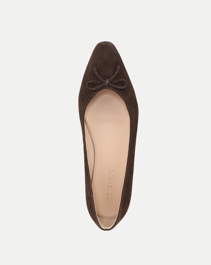Veronica Beard Brown suede pointed-toe flat with bow detail.